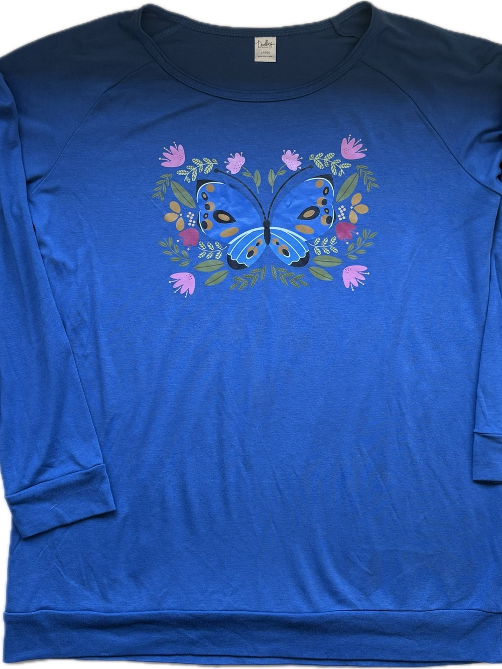 Dwelling Blue Bamboo Pullover Graphic Butterfly Floral Long Sleeve Size L